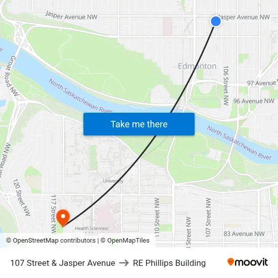 107 Street & Jasper Avenue to RE Phillips Building map