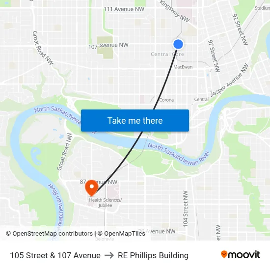 105 Street & 107 Avenue to RE Phillips Building map
