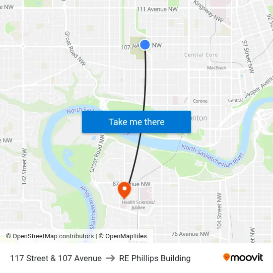 117 Street & 107 Avenue to RE Phillips Building map