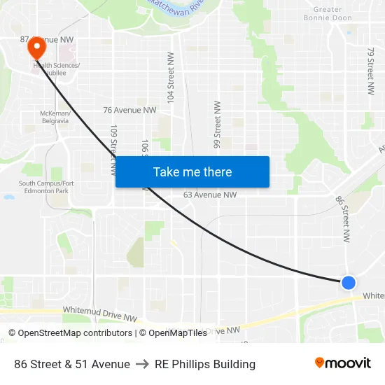 86 Street & 51 Avenue to RE Phillips Building map