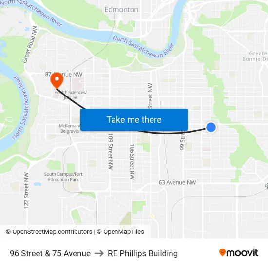 96 Street & 75 Avenue to RE Phillips Building map