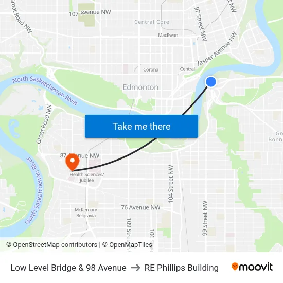 Low Level Bridge & 98 Avenue to RE Phillips Building map