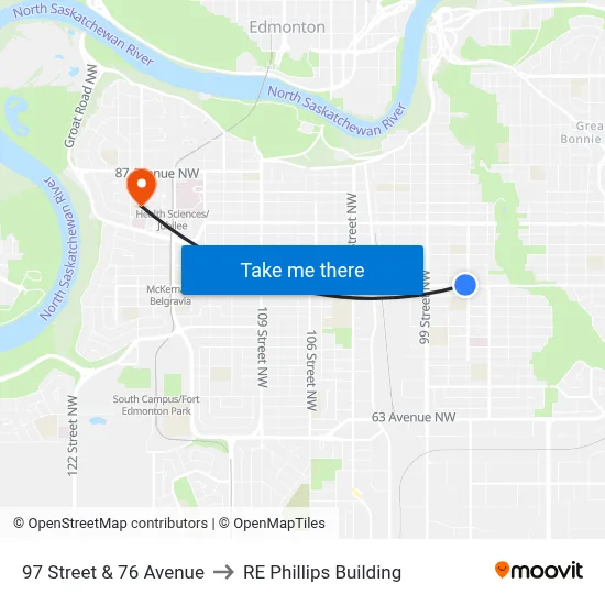 97 Street & 76 Avenue to RE Phillips Building map
