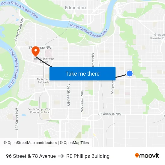 96 Street & 78 Avenue to RE Phillips Building map