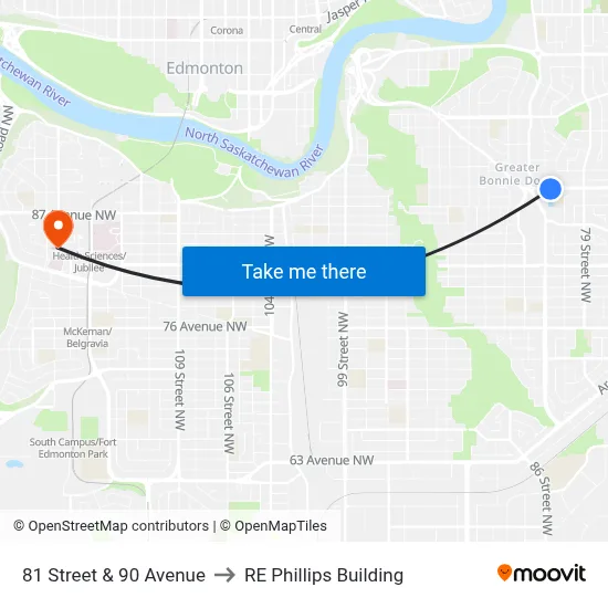81 Street & 90 Avenue to RE Phillips Building map