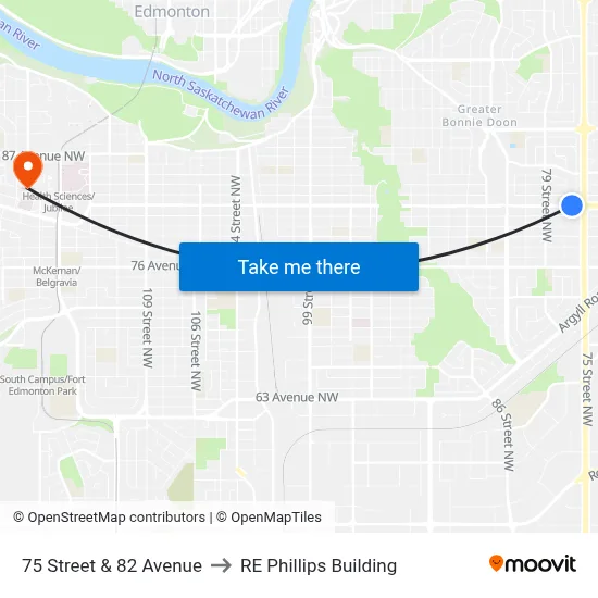 75 Street & 82 Avenue to RE Phillips Building map
