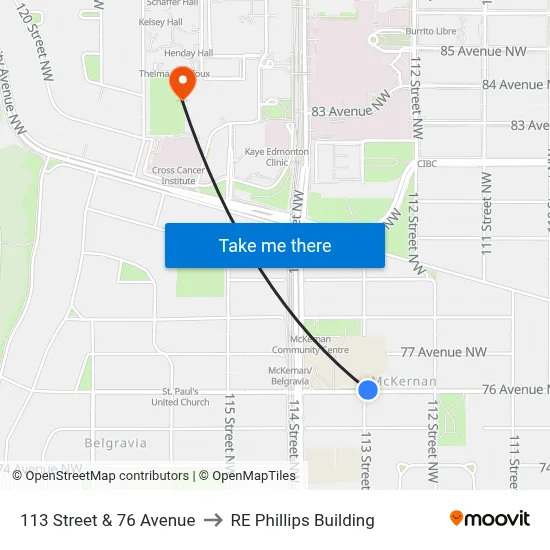 113 Street & 76 Avenue to RE Phillips Building map