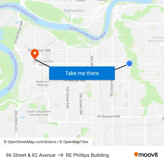 96 Street & 82 Avenue to RE Phillips Building map