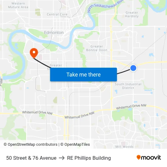 50 Street & 76 Avenue to RE Phillips Building map