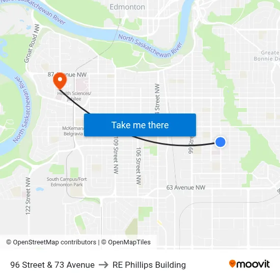 96 Street & 73 Avenue to RE Phillips Building map