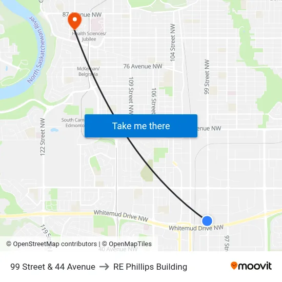 99 Street & 44 Avenue to RE Phillips Building map