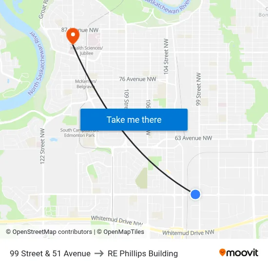99 Street & 51 Avenue to RE Phillips Building map