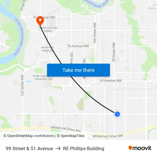 99 Street & 51 Avenue to RE Phillips Building map