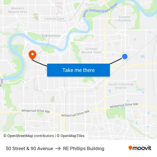 50 Street & 90 Avenue to RE Phillips Building map