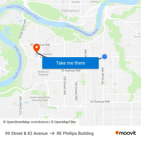 99 Street & 82 Avenue to RE Phillips Building map