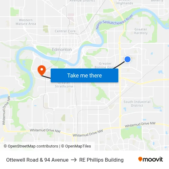 Ottewell Road & 94 Avenue to RE Phillips Building map
