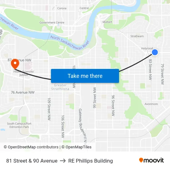 81 Street & 90 Avenue to RE Phillips Building map
