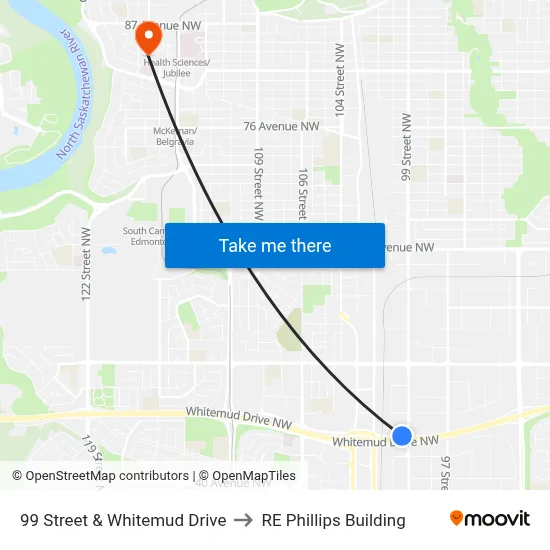 99 Street & Whitemud Drive to RE Phillips Building map