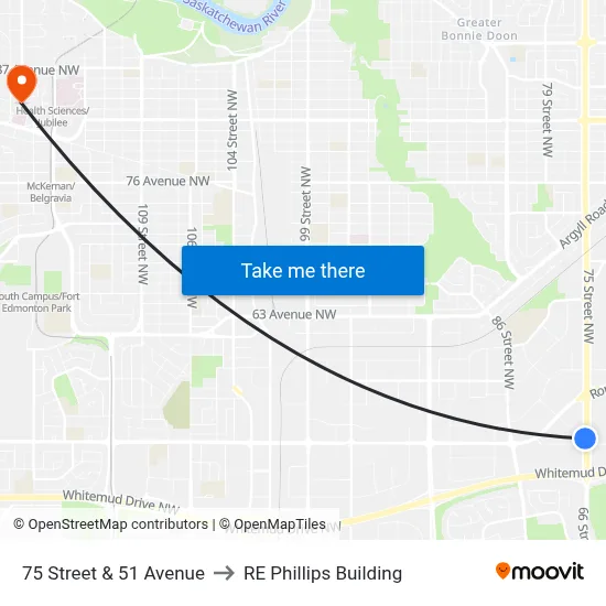 75 Street & 51 Avenue to RE Phillips Building map