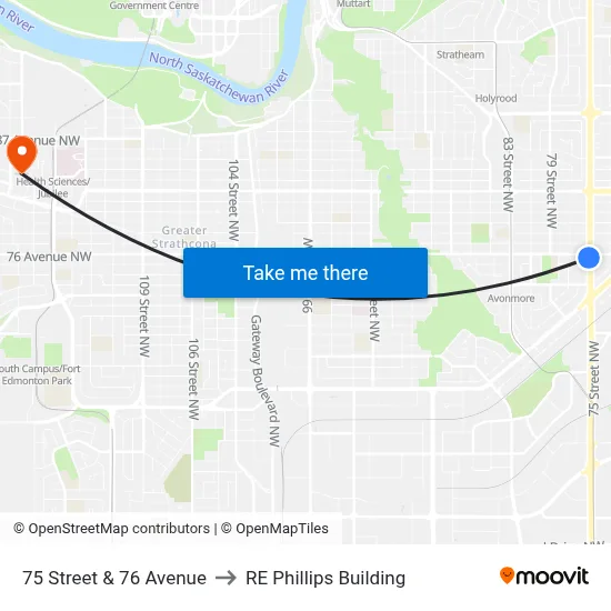 75 Street & 76 Avenue to RE Phillips Building map