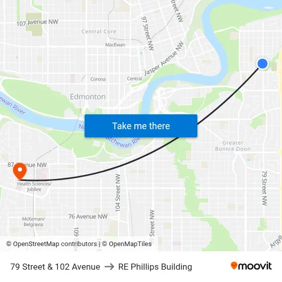 79 Street & 102 Avenue to RE Phillips Building map