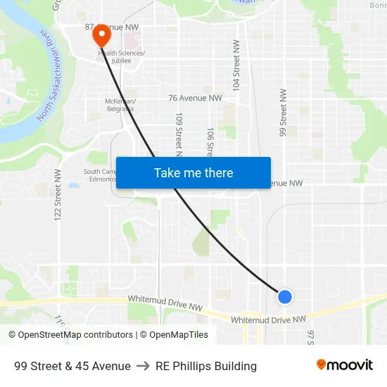99 Street & 45 Avenue to RE Phillips Building map