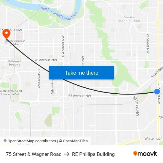 75 Street & Wagner Road to RE Phillips Building map