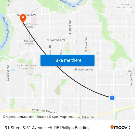 91 Street & 51 Avenue to RE Phillips Building map