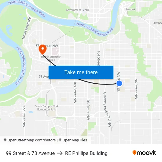 99 Street & 73 Avenue to RE Phillips Building map