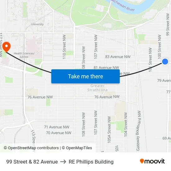 99 Street & 82 Avenue to RE Phillips Building map