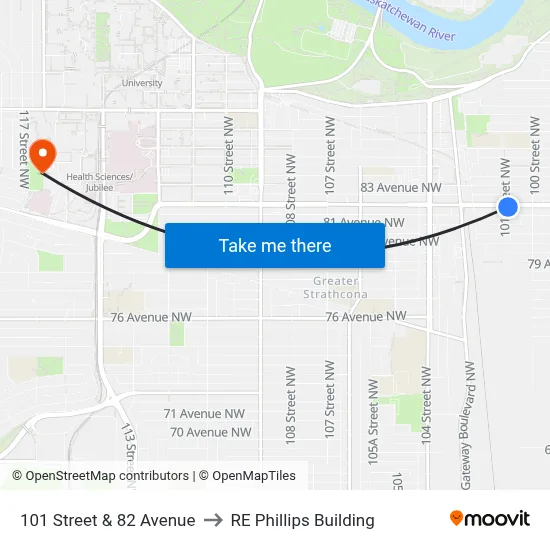 101 Street & 82 Avenue to RE Phillips Building map