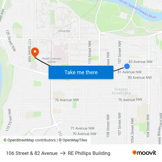 106 Street & 82 Avenue to RE Phillips Building map