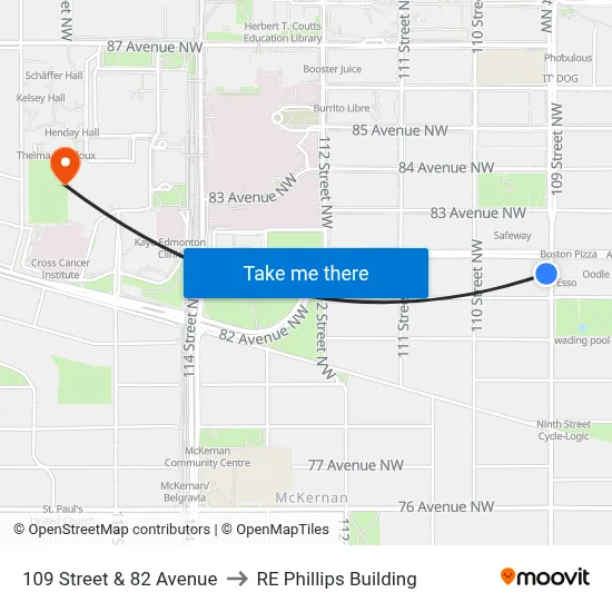 109 Street & 82 Avenue to RE Phillips Building map