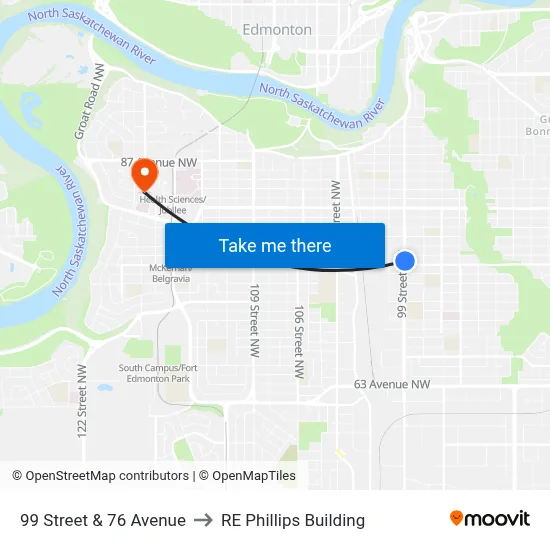 99 Street & 76 Avenue to RE Phillips Building map