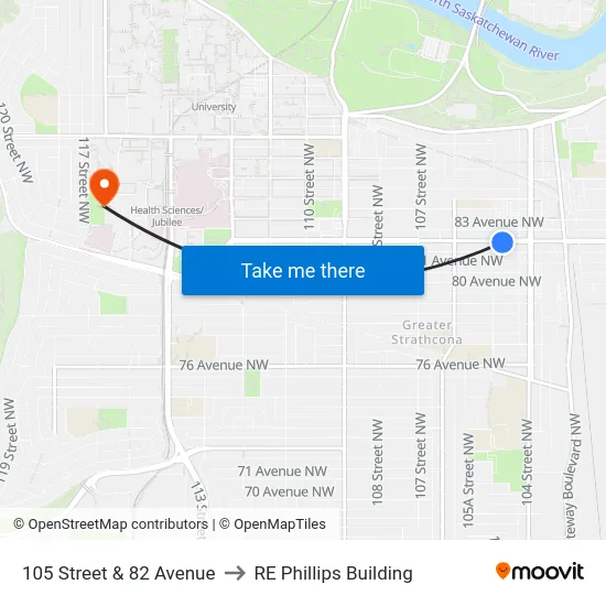 105 Street & 82 Avenue to RE Phillips Building map