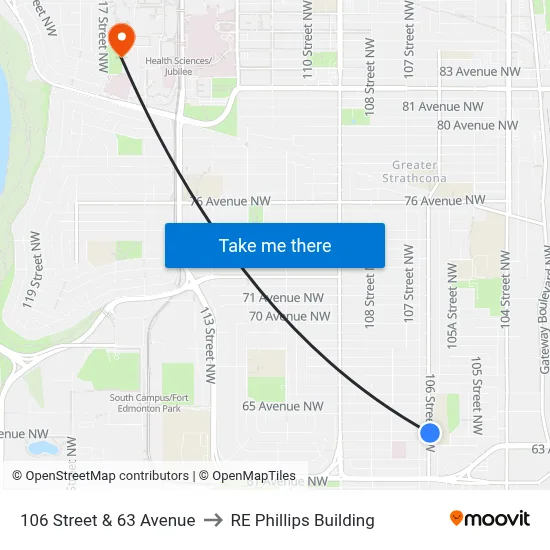 106 Street & 63 Avenue to RE Phillips Building map