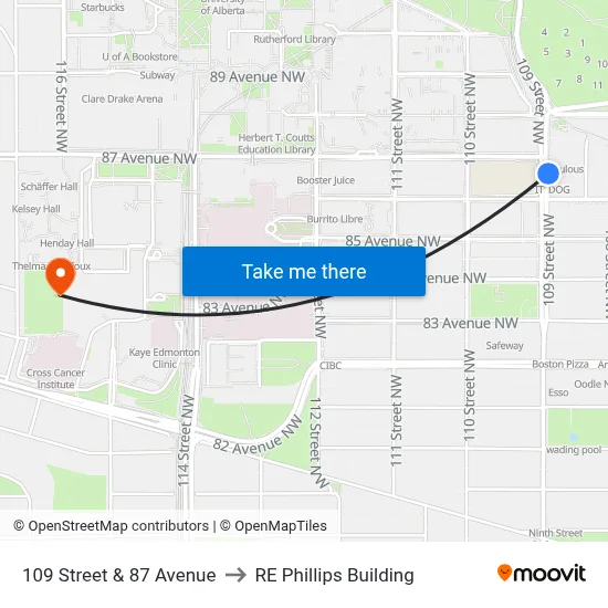 109 Street & 87 Avenue to RE Phillips Building map