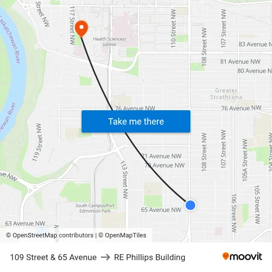 109 Street & 65 Avenue to RE Phillips Building map