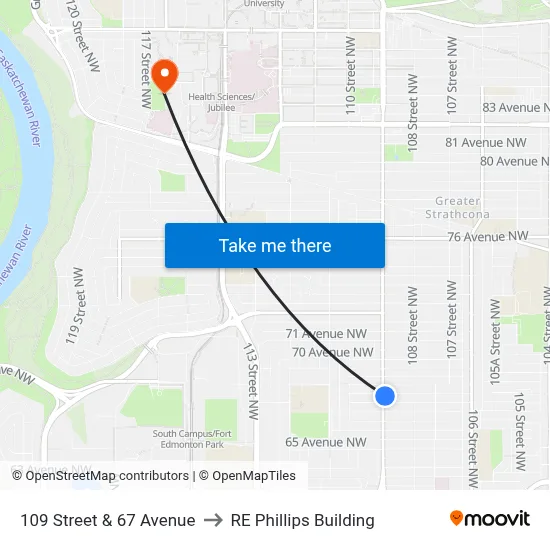 109 Street & 67 Avenue to RE Phillips Building map