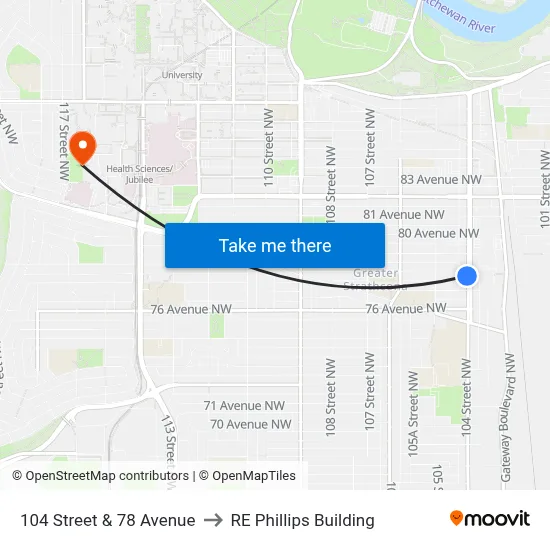 104 Street & 78 Avenue to RE Phillips Building map