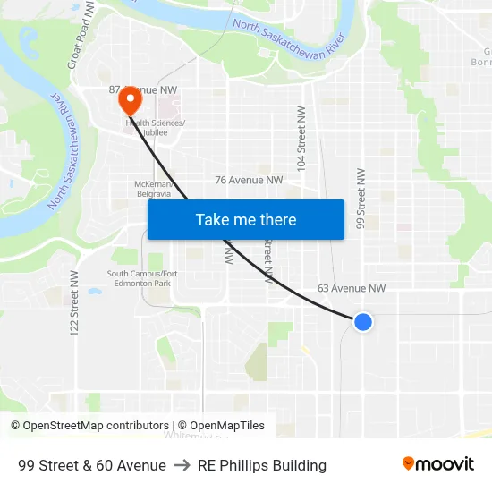 99 Street & 60 Avenue to RE Phillips Building map