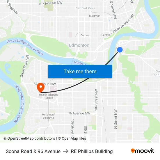 Scona Road & 96 Avenue to RE Phillips Building map