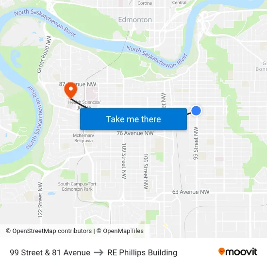 99 Street & 81 Avenue to RE Phillips Building map
