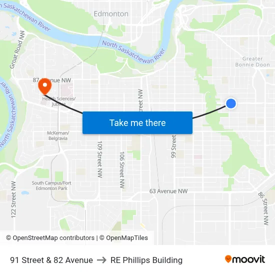 91 Street & 82 Avenue to RE Phillips Building map