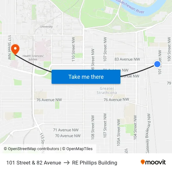 101 Street & 82 Avenue to RE Phillips Building map