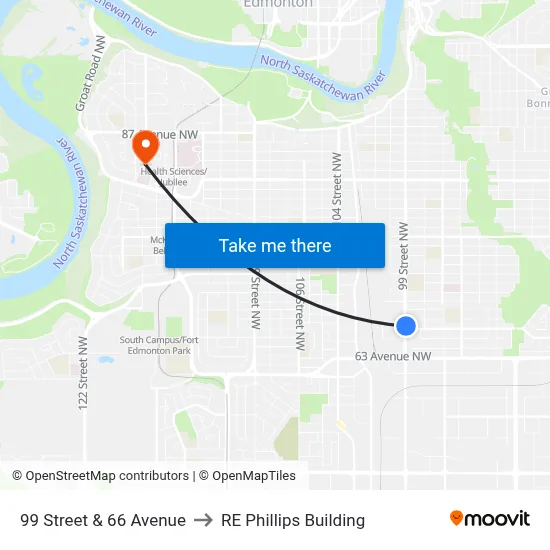99 Street & 66 Avenue to RE Phillips Building map