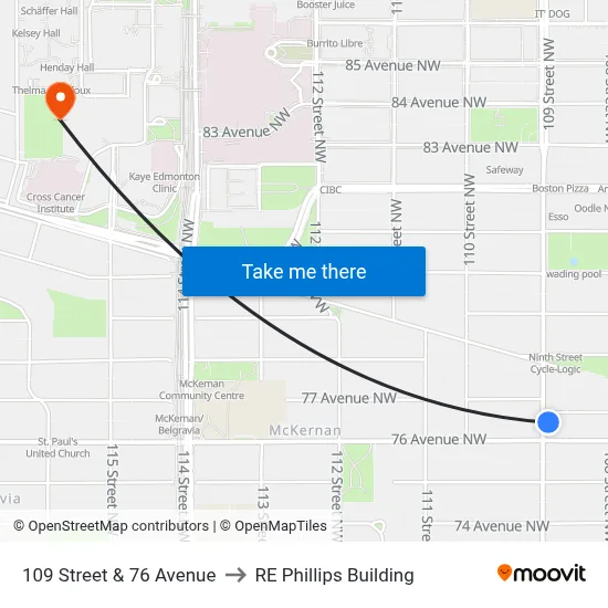 109 Street & 76 Avenue to RE Phillips Building map