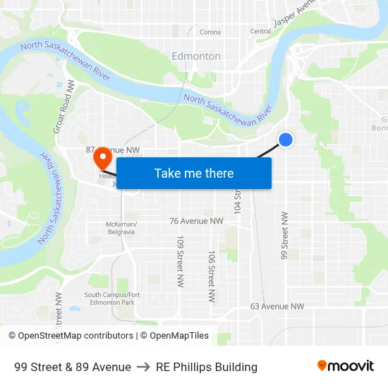 99 Street & 89 Avenue to RE Phillips Building map