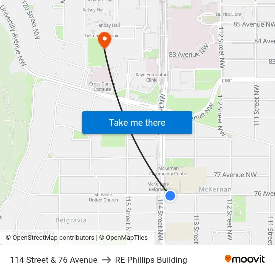 114 Street & 76 Avenue to RE Phillips Building map