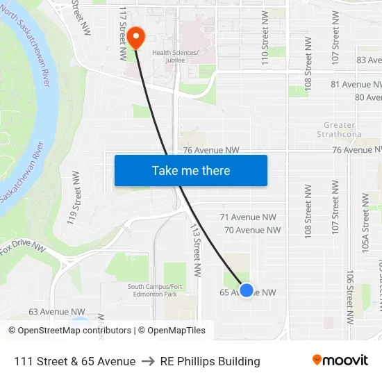 111 Street & 65 Avenue to RE Phillips Building map